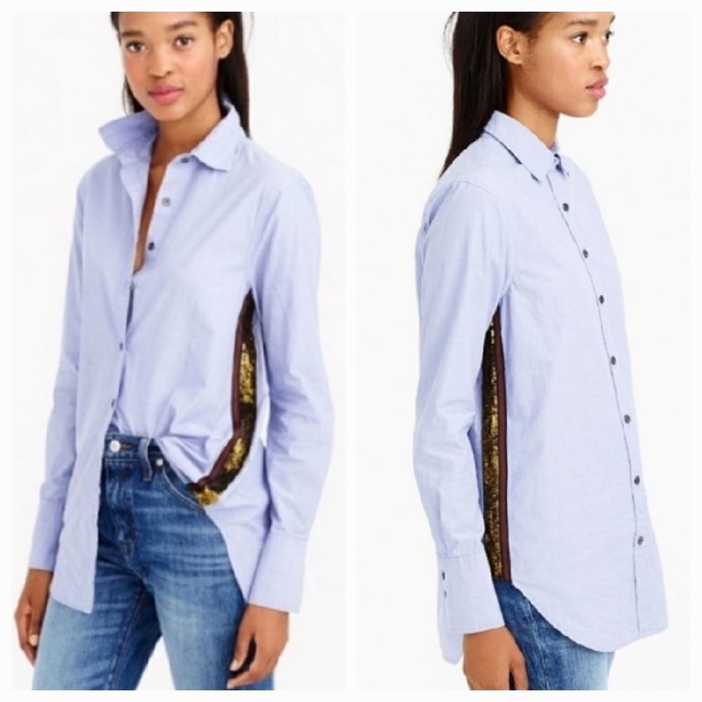 🔺️J. Crew Blue w/Brown Sequin Sides Buttoned Long Sleeve Top Size 0
